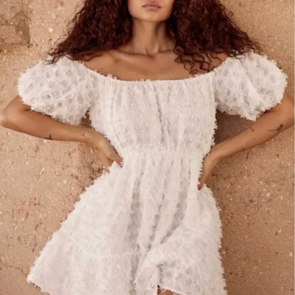 Lulus Textured White Puff Sleeve Babydoll Mini Dress